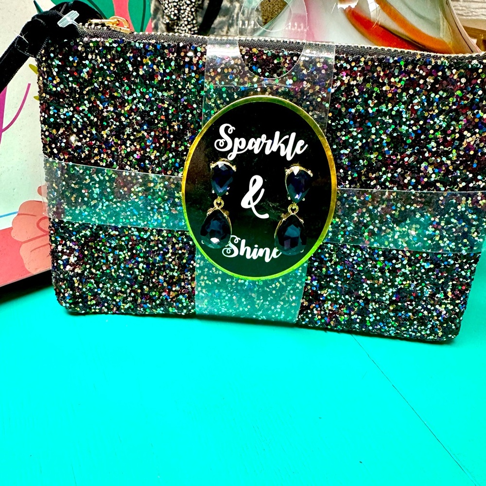 Rainbow Sparkle and shine Glitter make up bag or clutch with gemstone earrings